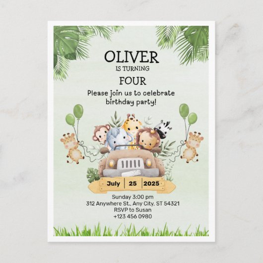 Safari Dieren Zoo Verjaardags 4e Uitnodiging Brief (Voorkant)
