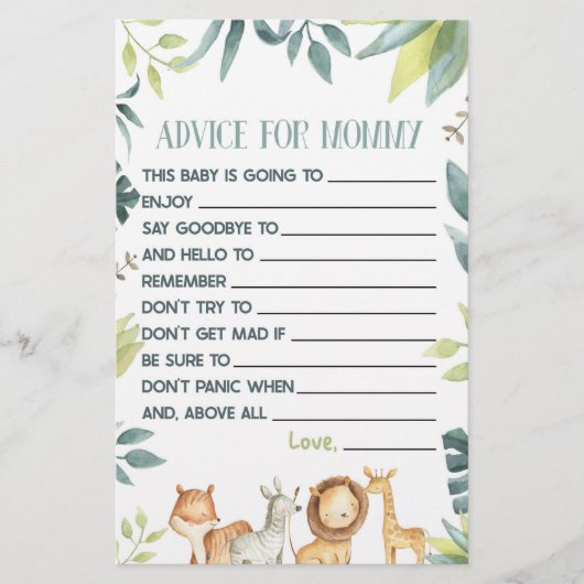 Safari Dierenadvies Baby shower Spelactiviteit Briefpapier (Voorkant)