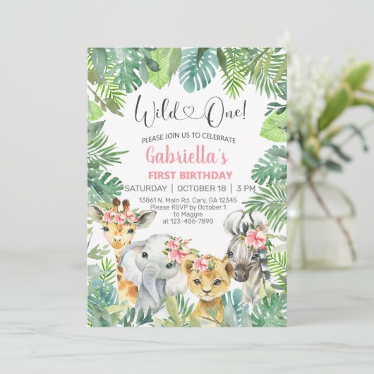 Safari dierenkind 1 eerste verjaardag uitnodiging. kaart (Staand voorkant)