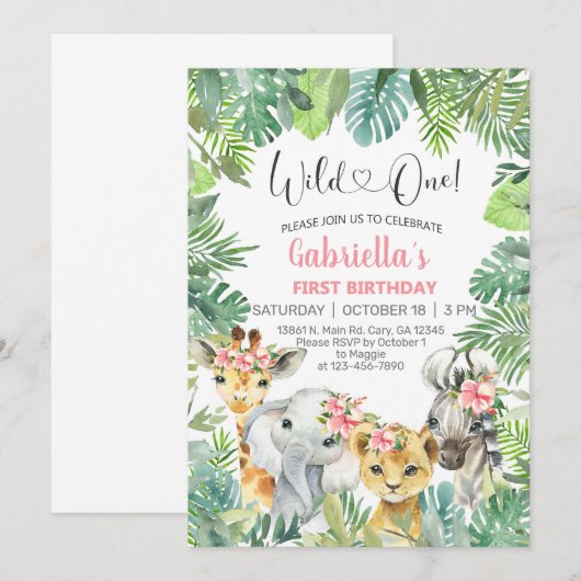 Safari dierenkind 1 eerste verjaardag uitnodiging. kaart (Voorkant / Achterkant)