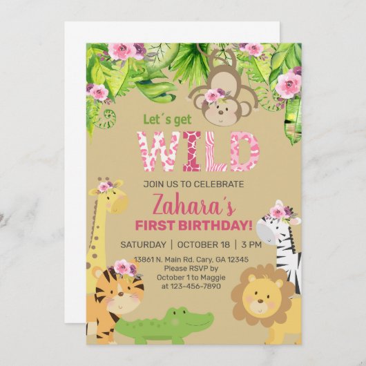 Safari dierenkind 1 eerste verjaardag uitnodiging. kaart (Voorkant / Achterkant)