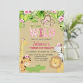 Safari-dierenkind, derde verjaardag uitnodiging. kaart (Staand voorkant)