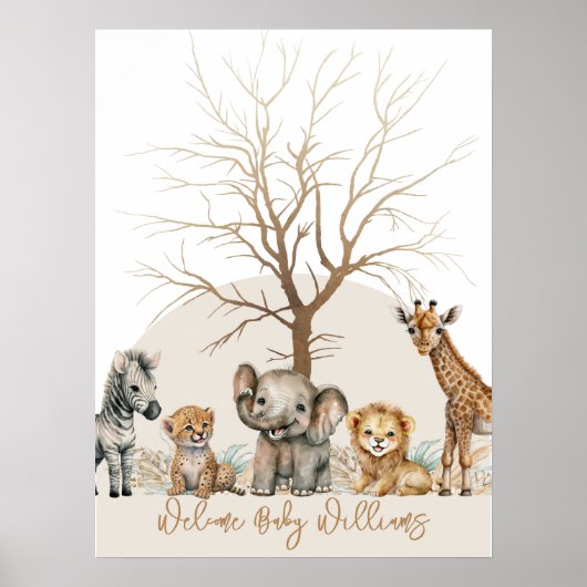 Safari dierenvingerafdruk gastenboek baby shower poster (Voorkant)