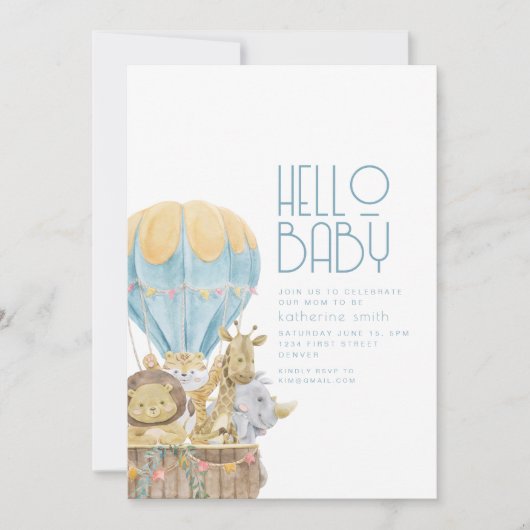 Safari Dierlijke Luchtballon Baby shower Uitnodigi Kaart (Voorkant)