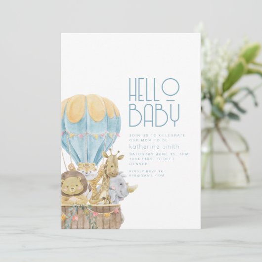 Safari Dierlijke Luchtballon Baby shower Uitnodigi Kaart (Staand voorkant)