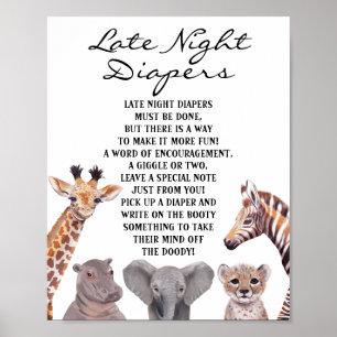 Safari Dimals Late Night Diapers Baby shower Poster