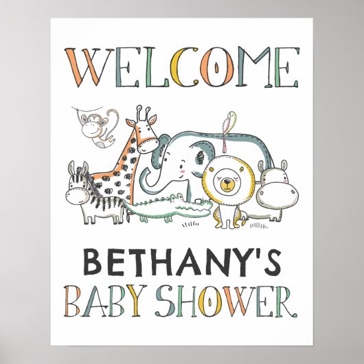 Safari Doodle Dieren Baby shower Welkomstbord Poster (Voorkant)