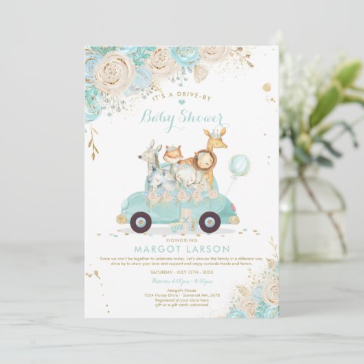 Safari Drive by Baby shower Invitation Mint Floral Kaart (Staand voorkant)