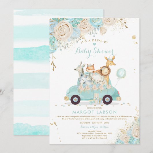 Safari Drive by Baby shower Invitation Mint Floral Kaart (Voorkant / Achterkant)