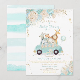 Safari Drive by Baby shower Invitation Mint Floral Kaart