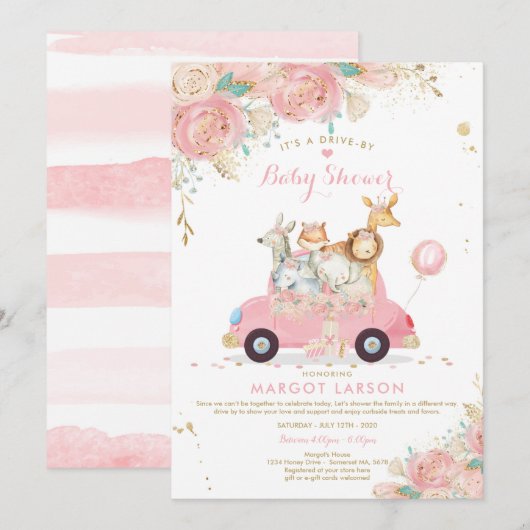 Safari Drive by Baby shower Invitation Pink Floral Kaart (Voorkant / Achterkant)