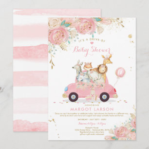Safari Drive by Baby shower Invitation Pink Floral Kaart