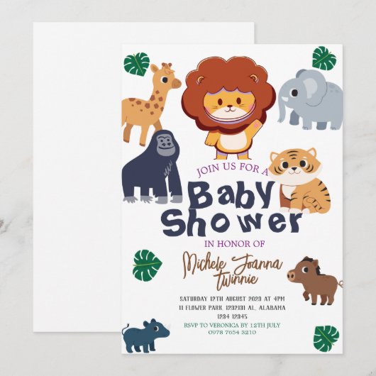 Safari Eenvoudige Leuke bosdieren Baby shower Kaart (Voorkant / Achterkant)