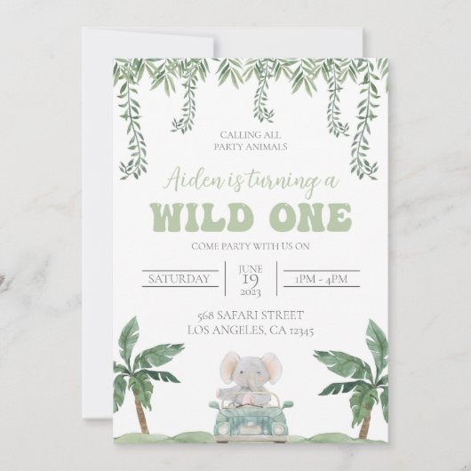 Safari Eerste Verjaardag Uitnodiging Zacht Groen (Voorkant)