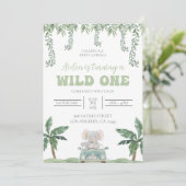 Safari Eerste Verjaardag Uitnodiging Zacht Groen (Staand voorkant)