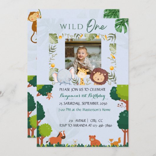 Safari Eerste Verjaardag Uitnodigingen Wild One Pa (Voorkant / Achterkant)