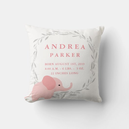 Safari Elephant Birth Announcement Stats Pillow Kussen (Voorkant)
