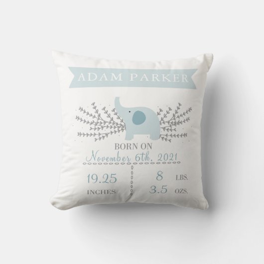 Safari Elephant Birth Announcement Stats Pillow Kussen (Voorkant)
