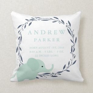 Safari Elephant Birth Announcement Stats Pillow Kussen