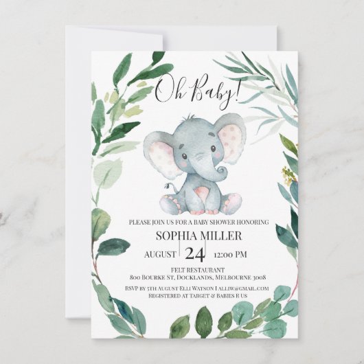 Safari Elephant Foliage Krans Baby shower Kaart (Voorkant)