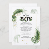 Safari Elephant Giraffe Botanical Boy Baby shower Kaart (Voorkant / Achterkant)
