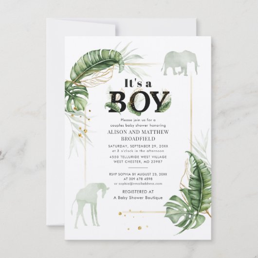 Safari Elephant Giraffe Botanical Boy Baby shower Kaart (Voorkant)