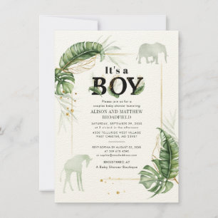 Safari Elephant Giraffe Botanical Boy Baby shower Kaart