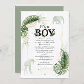 Safari Elephant Giraffe Botanical Boys Baby shower Kaart (Voorkant / Achterkant)
