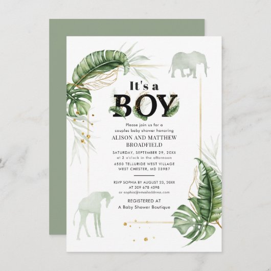Safari Elephant Giraffe Botanical Boys Baby shower Kaart (Voorkant / Achterkant)