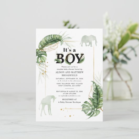 Safari Elephant Giraffe Botanical Boys Baby shower Kaart (Staand voorkant)