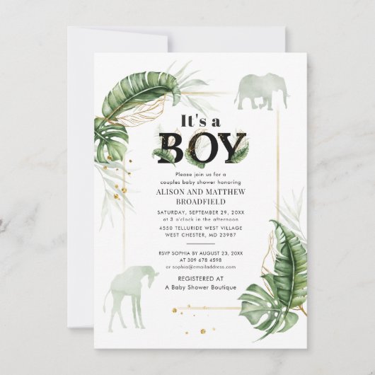 Safari Elephant Giraffe Botanical Boys Baby shower Kaart (Voorkant)