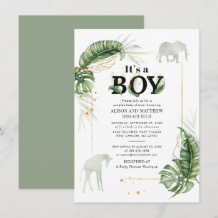 Safari Elephant Giraffe Botanical Boys Baby shower Kaart
