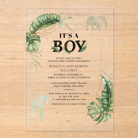 Safari Elephant Giraffe Boy Baby shower Acryl Uitnodigingen (Voorkant)