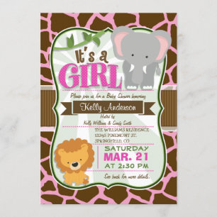 Safari Elephant, Lion, Giraffe Print Baby shower Kaart