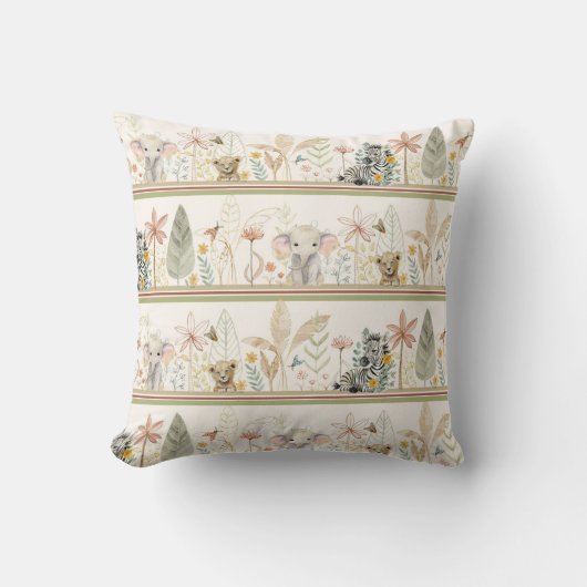 Safari Elephant Lion Zebra Oerwoud Foliage Baby Bo Kussen (Voorkant)