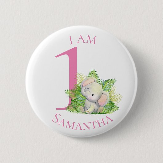 Safari Elephant roze BIRTHDAY Button (Voorkant)