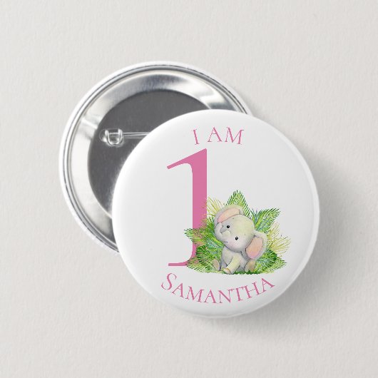 Safari Elephant roze BIRTHDAY Button (Voorkant /achterkant)