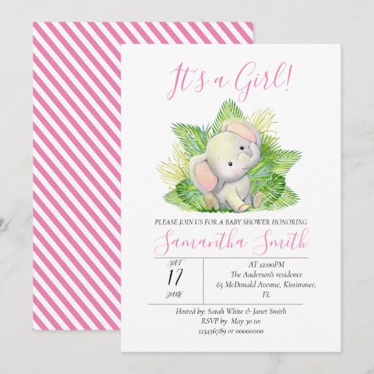 Safari Elephant roze uitnodiging (Voorkant / Achterkant)