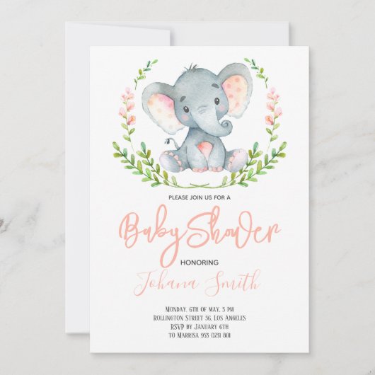 Safari Elephant Waterverf Girl Baby shower Kaart (Voorkant)