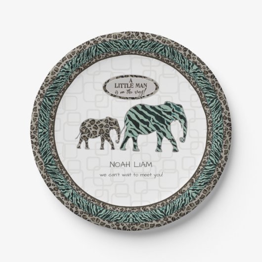 Safari Elephants Little Man Baby Zebra Shower Papieren Bordje (Voorkant)
