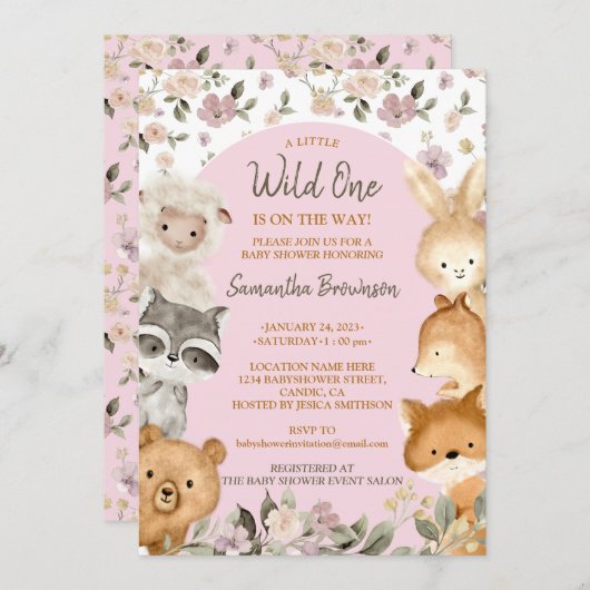 Safari Farm Animal Bear Fox Rabbit Raccoon pink Kaart (Voorkant / Achterkant)