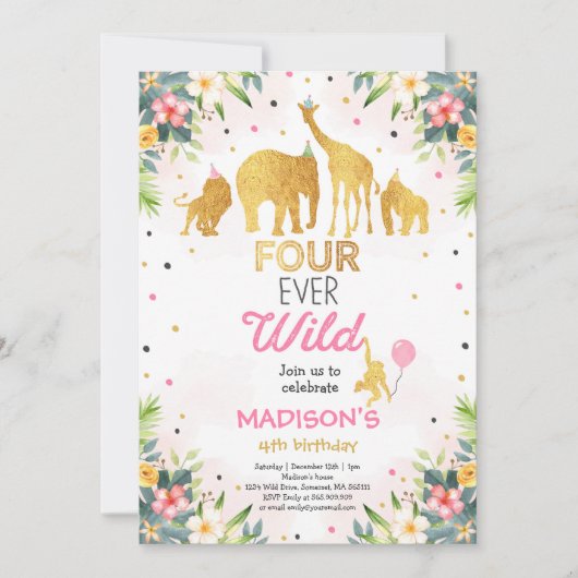 Safari Four Ever Wild Birthday Invitation Roze Kaart (Voorkant)
