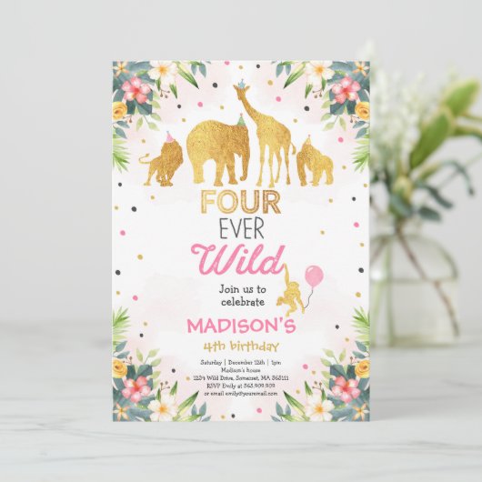Safari Four Ever Wild Birthday Invitation Roze Kaart (Staand voorkant)