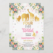 Safari Four Ever Wild Birthday Invitation Roze Kaart (Voorkant / Achterkant)