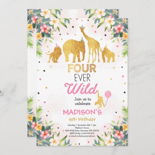 Safari Four Ever Wild Birthday Invitation Roze Kaart (Voorkant / Achterkant)