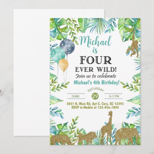 Safari Fourever Wild boy 4e verjaardag uitnodiging (Voorkant / Achterkant)