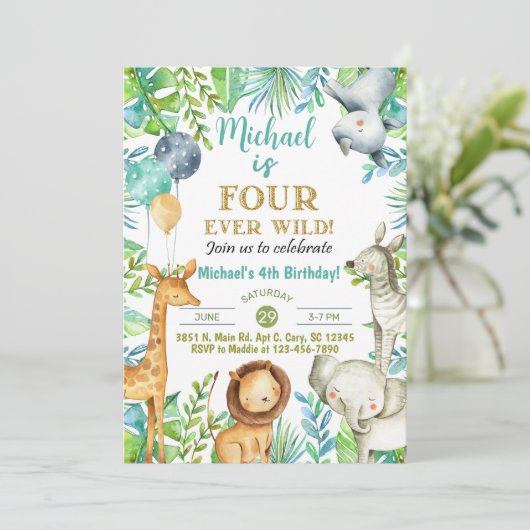 Safari Fourever Wild boy 4e verjaardag uitnodiging (Staand voorkant)