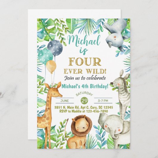 Safari Fourever Wild boy 4e verjaardag uitnodiging (Voorkant / Achterkant)