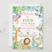 Safari Fourever Wild meisje 4e verjaardag uitnodig Kaart (Voorkant)