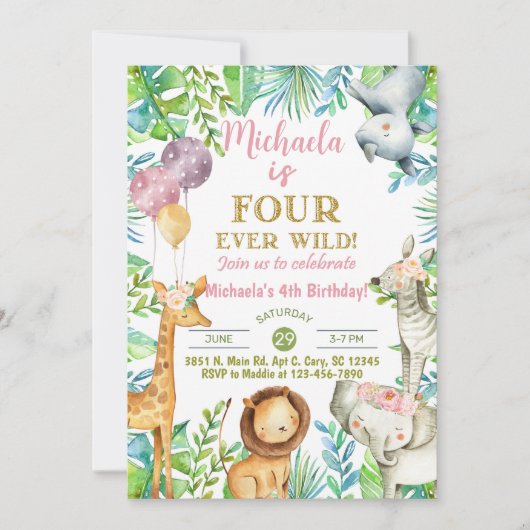 Safari Fourever Wild meisje 4e verjaardag uitnodig Kaart (Voorkant)